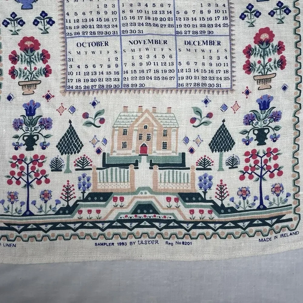 VTG Irish Linen tea towel Sampler 1993 Ulster printed calendar made in Ireland
